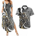 Personalised Collingwood Magpies Couples Matching Summer Maxi Dress and Hawaiian Shirt Trippy Psychedelic Abstract Art Mascot Football Fans