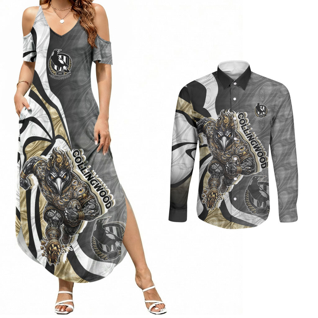 Personalised Collingwood Magpies Couples Matching Summer Maxi Dress and Long Sleeve Button Shirt Trippy Psychedelic Abstract Art Mascot Football Fans