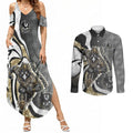 Personalised Collingwood Magpies Couples Matching Summer Maxi Dress and Long Sleeve Button Shirt Trippy Psychedelic Abstract Art Mascot Football Fans