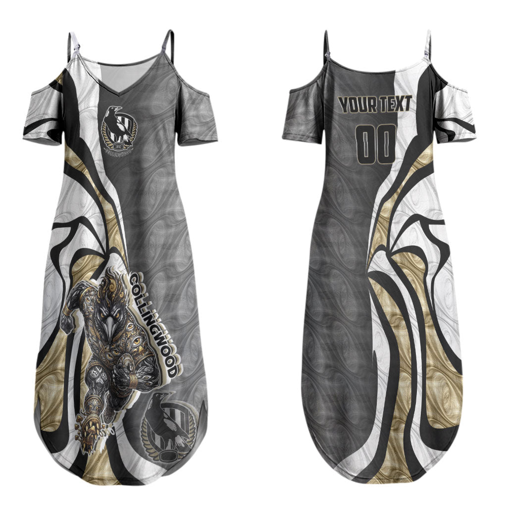 Personalised Collingwood Magpies Couples Matching Summer Maxi Dress and Long Sleeve Button Shirt Trippy Psychedelic Abstract Art Mascot Football Fans