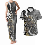 Personalised Collingwood Magpies Couples Matching Tank Maxi Dress and Hawaiian Shirt Trippy Psychedelic Abstract Art Mascot Football Fans