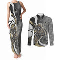 Personalised Collingwood Magpies Couples Matching Tank Maxi Dress and Long Sleeve Button Shirt Trippy Psychedelic Abstract Art Mascot Football Fans