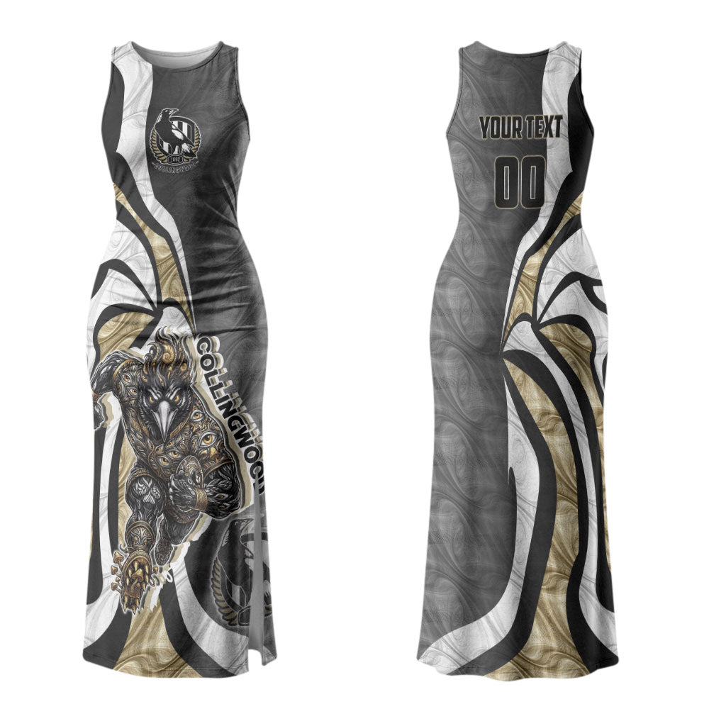Personalised Collingwood Magpies Couples Matching Tank Maxi Dress and Long Sleeve Button Shirt Trippy Psychedelic Abstract Art Mascot Football Fans