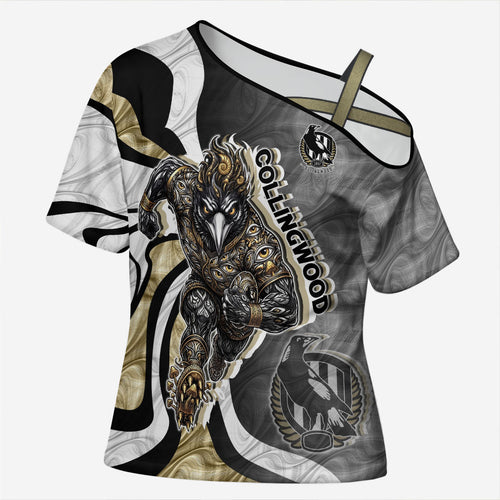 Personalised Collingwood Magpies Cross Shoulder Shirt Trippy Psychedelic Abstract Art Mascot Football Fans