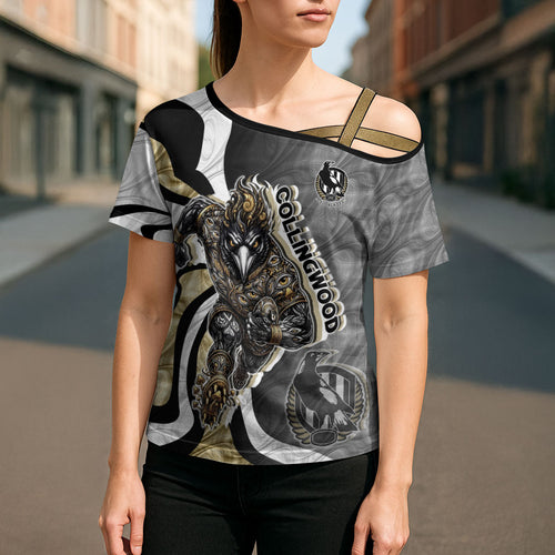 Personalised Collingwood Magpies Cross Shoulder Shirt Trippy Psychedelic Abstract Art Mascot Football Fans