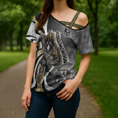 Personalised Collingwood Magpies Cross Shoulder Shirt Trippy Psychedelic Abstract Art Mascot Football Fans
