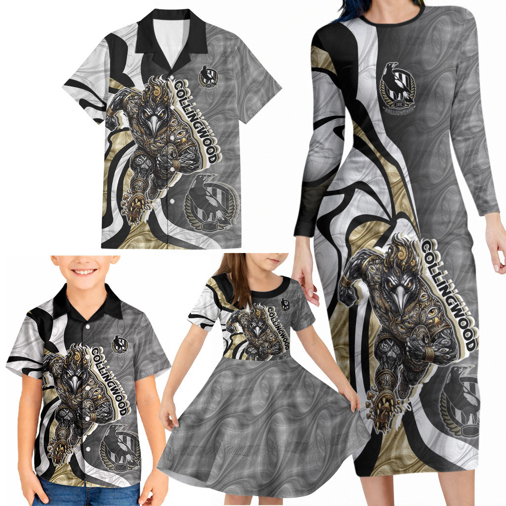 Personalised Collingwood Magpies Family Matching Long Sleeve Bodycon Dress and Hawaiian Shirt Trippy Psychedelic Abstract Art Mascot Football Fans