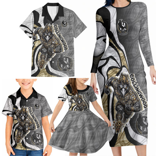 Personalised Collingwood Magpies Family Matching Long Sleeve Bodycon Dress and Hawaiian Shirt Trippy Psychedelic Abstract Art Mascot Football Fans