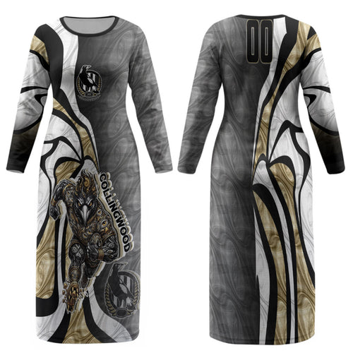 Personalised Collingwood Magpies Family Matching Long Sleeve Bodycon Dress and Hawaiian Shirt Trippy Psychedelic Abstract Art Mascot Football Fans