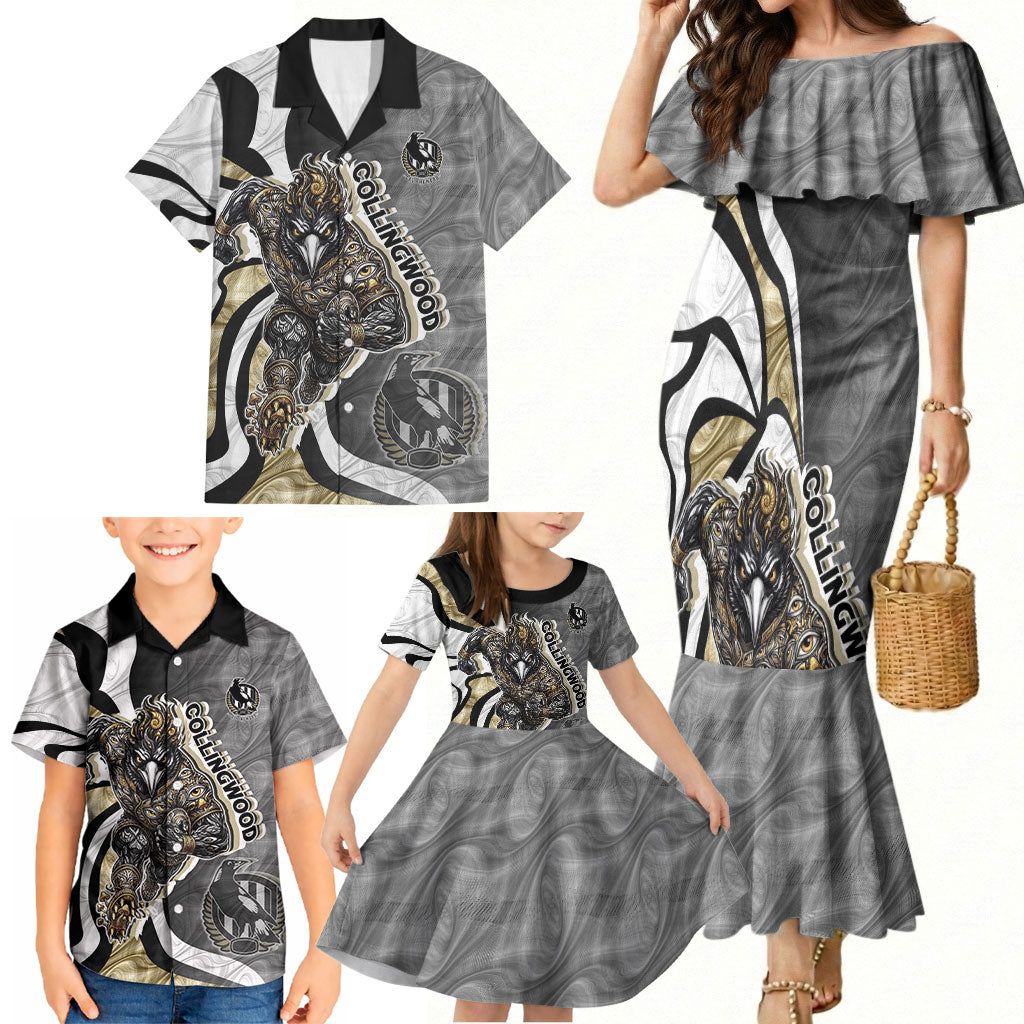 Personalised Collingwood Magpies Family Matching Mermaid Dress and Hawaiian Shirt Trippy Psychedelic Abstract Art Mascot Football Fans