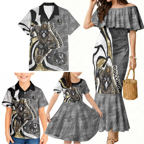Personalised Collingwood Magpies Family Matching Mermaid Dress and Hawaiian Shirt Trippy Psychedelic Abstract Art Mascot Football Fans