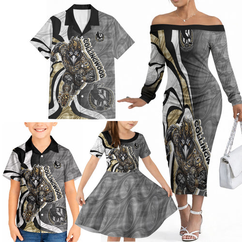 Personalised Collingwood Magpies Family Matching Off The Shoulder Long Sleeve Dress and Hawaiian Shirt Trippy Psychedelic Abstract Art Mascot Football Fans