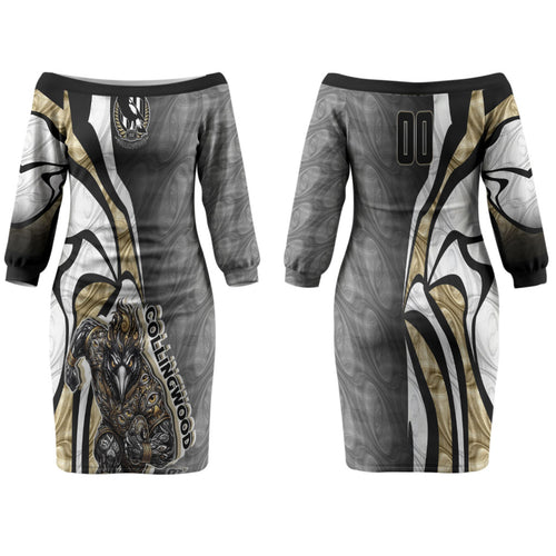 Personalised Collingwood Magpies Family Matching Off The Shoulder Long Sleeve Dress and Hawaiian Shirt Trippy Psychedelic Abstract Art Mascot Football Fans