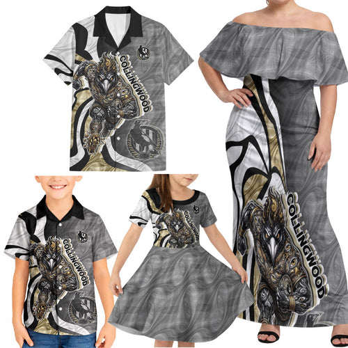 Personalised Collingwood Magpies Family Matching Off Shoulder Maxi Dress and Hawaiian Shirt Trippy Psychedelic Abstract Art Mascot Football Fans