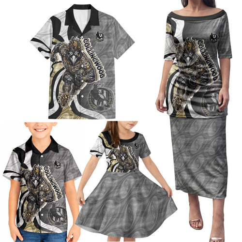 Personalised Collingwood Magpies Family Matching Puletasi and Hawaiian Shirt Trippy Psychedelic Abstract Art Mascot Football Fans