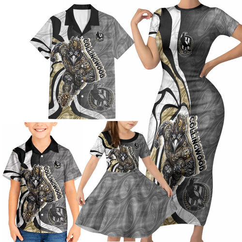 Personalised Collingwood Magpies Family Matching Short Sleeve Bodycon Dress and Hawaiian Shirt Trippy Psychedelic Abstract Art Mascot Football Fans