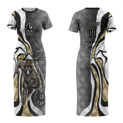 Personalised Collingwood Magpies Family Matching Short Sleeve Bodycon Dress and Hawaiian Shirt Trippy Psychedelic Abstract Art Mascot Football Fans