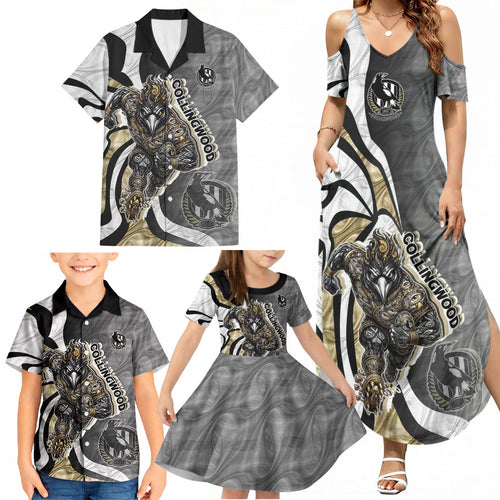 Personalised Collingwood Magpies Family Matching Summer Maxi Dress and Hawaiian Shirt Trippy Psychedelic Abstract Art Mascot Football Fans