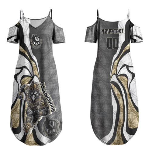 Personalised Collingwood Magpies Family Matching Summer Maxi Dress and Hawaiian Shirt Trippy Psychedelic Abstract Art Mascot Football Fans
