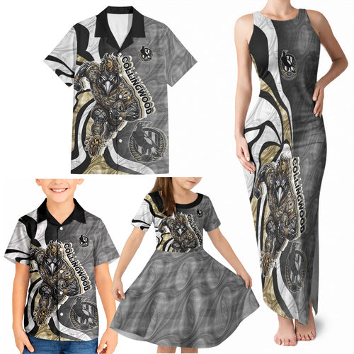 Personalised Collingwood Magpies Family Matching Tank Maxi Dress and Hawaiian Shirt Trippy Psychedelic Abstract Art Mascot Football Fans