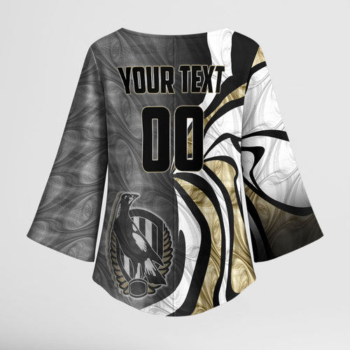 Personalised Collingwood Magpies Kimono Sleeve Blouse Trippy Psychedelic Abstract Art Mascot Football Fans