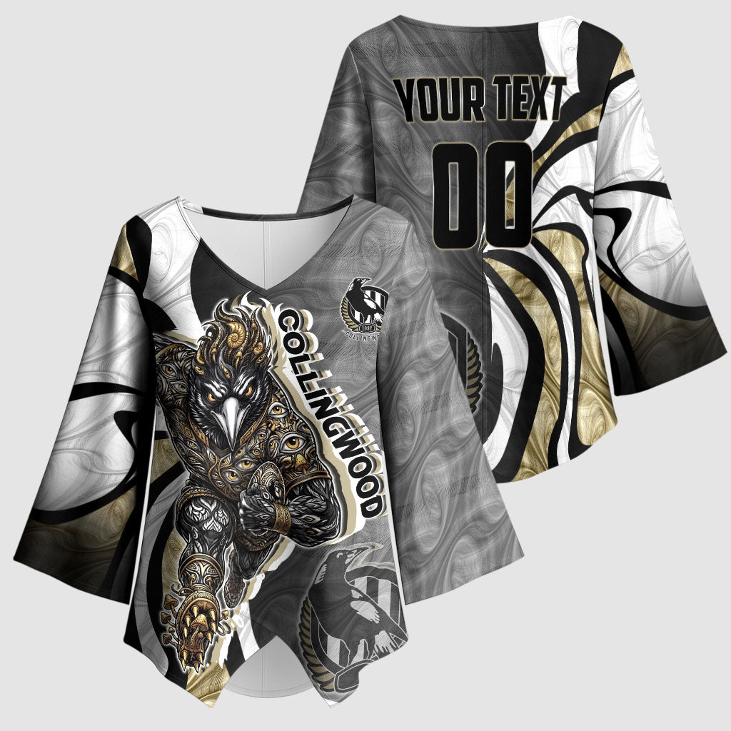 Personalised Collingwood Magpies Kimono Sleeve Blouse Trippy Psychedelic Abstract Art Mascot Football Fans