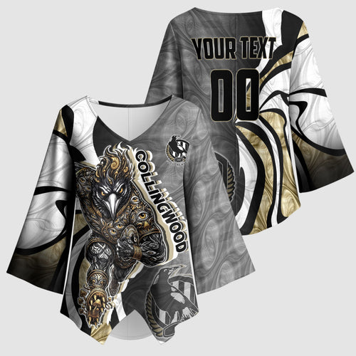 Personalised Collingwood Magpies Kimono Sleeve Blouse Trippy Psychedelic Abstract Art Mascot Football Fans