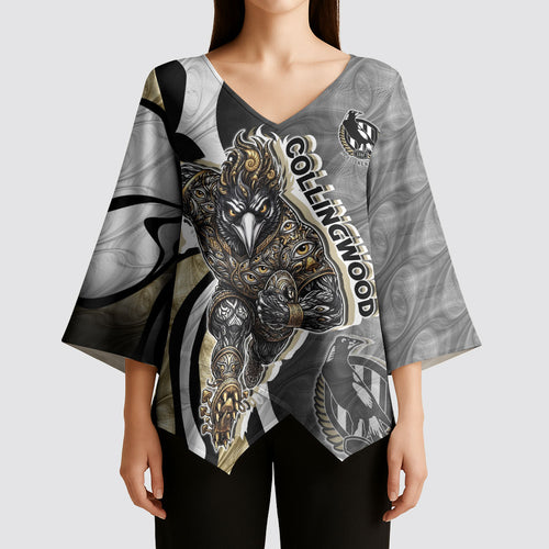 Personalised Collingwood Magpies Kimono Sleeve Blouse Trippy Psychedelic Abstract Art Mascot Football Fans