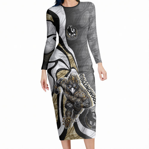 Personalised Collingwood Magpies Long Sleeve Bodycon Dress Trippy Psychedelic Abstract Art Mascot Football Fans