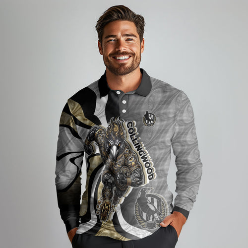 Personalised Collingwood Magpies Long Sleeve Polo Shirt Trippy Psychedelic Abstract Art Mascot Football Fans