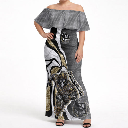 Personalised Collingwood Magpies Off Shoulder Maxi Dress Trippy Psychedelic Abstract Art Mascot Football Fans