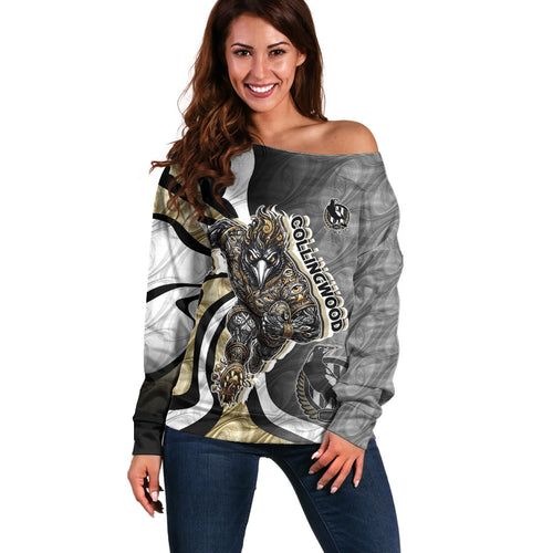 Personalised Collingwood Magpies Off Shoulder Sweater Trippy Psychedelic Abstract Art Mascot Football Fans