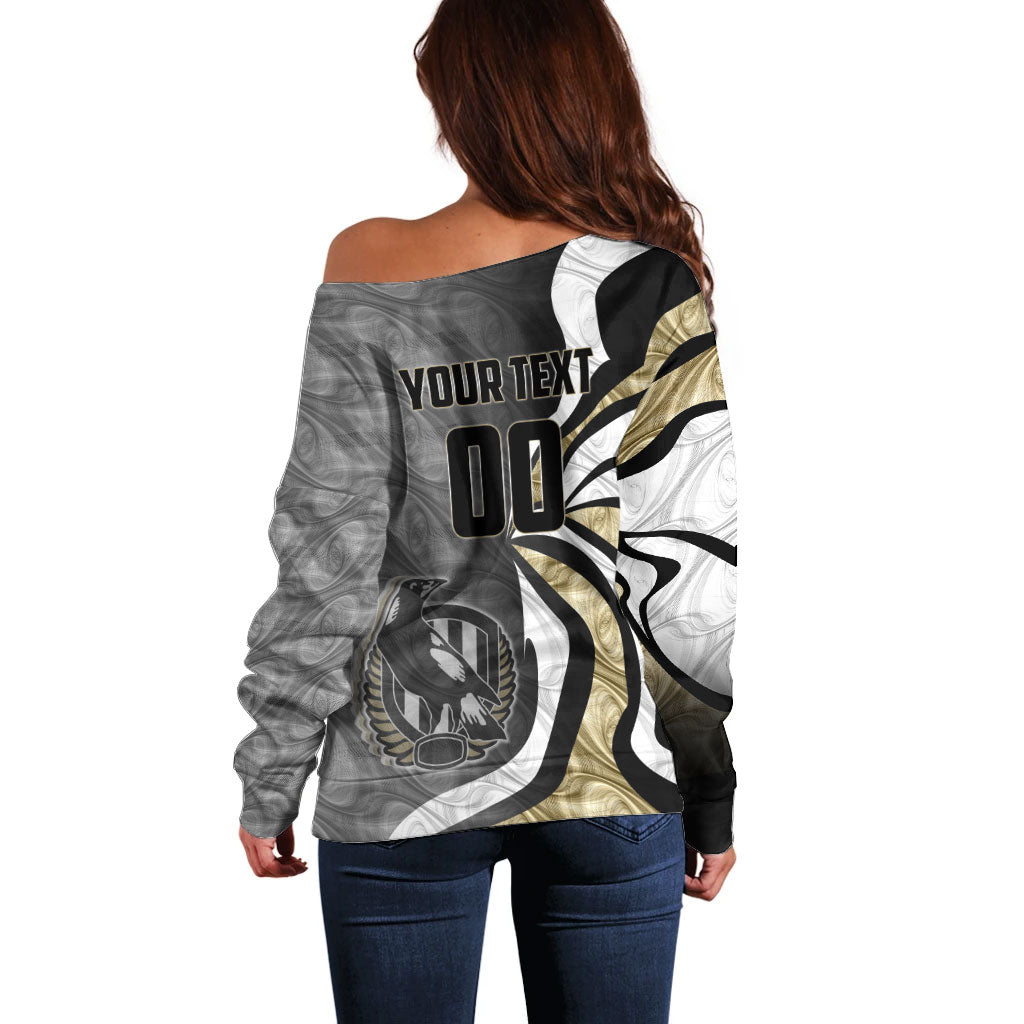 Personalised Collingwood Magpies Off Shoulder Sweater Trippy Psychedelic Abstract Art Mascot Football Fans