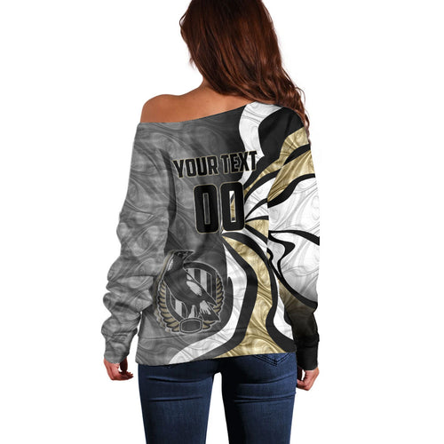 Personalised Collingwood Magpies Off Shoulder Sweater Trippy Psychedelic Abstract Art Mascot Football Fans