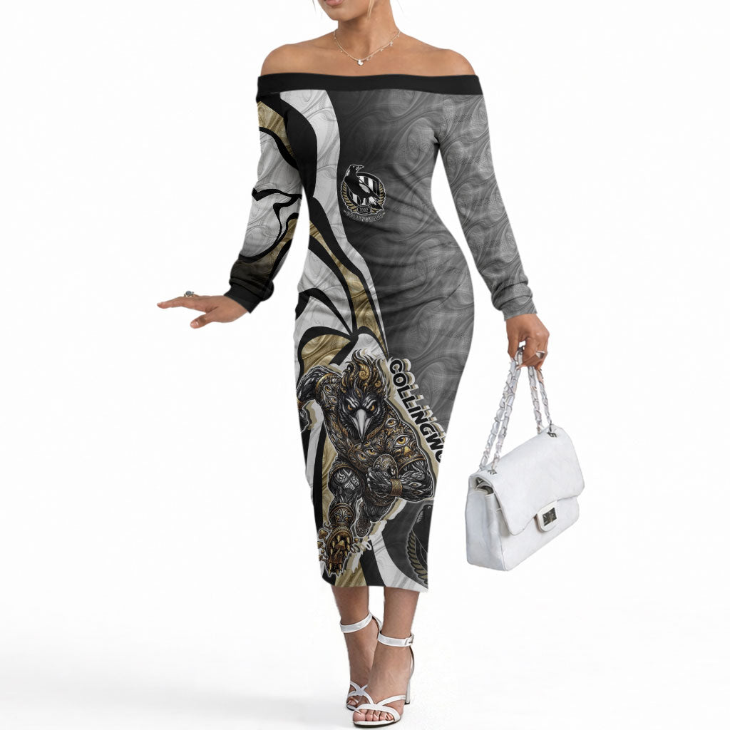 Personalised Collingwood Magpies Off The Shoulder Long Sleeve Dress Trippy Psychedelic Abstract Art Mascot Football Fans