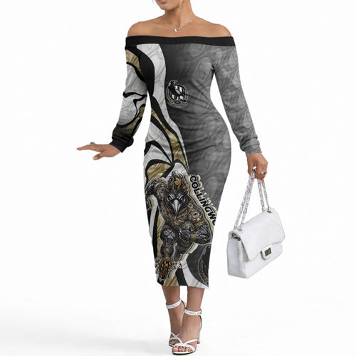 Personalised Collingwood Magpies Off The Shoulder Long Sleeve Dress Trippy Psychedelic Abstract Art Mascot Football Fans