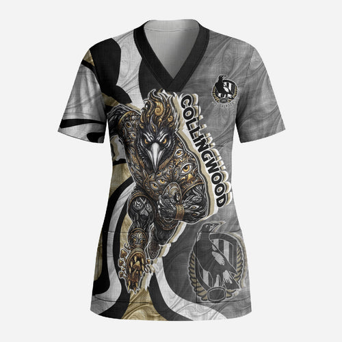 Personalised Collingwood Magpies Scrub Top Trippy Psychedelic Abstract Art Mascot Football Fans