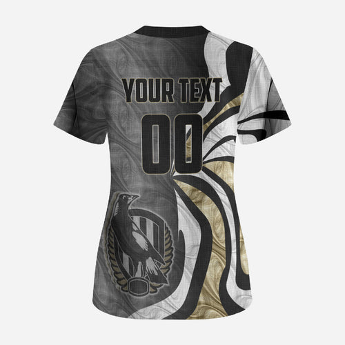 Personalised Collingwood Magpies Scrub Top Trippy Psychedelic Abstract Art Mascot Football Fans
