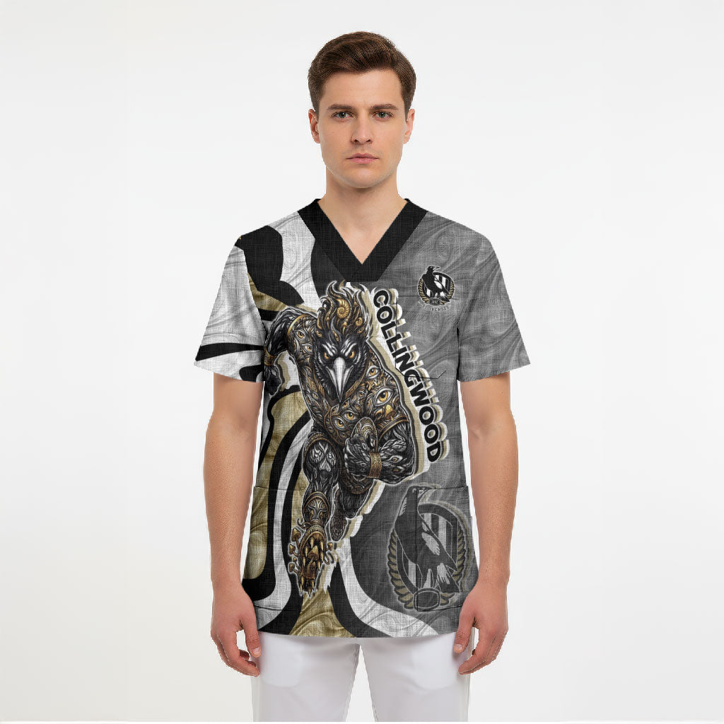 Personalised Collingwood Magpies Scrub Top Trippy Psychedelic Abstract Art Mascot Football Fans