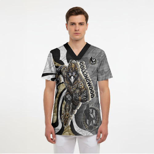 Personalised Collingwood Magpies Scrub Top Trippy Psychedelic Abstract Art Mascot Football Fans