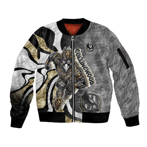 Personalised Collingwood Magpies Sleeve Zip Bomber Jacket Trippy Psychedelic Abstract Art Mascot Football Fans