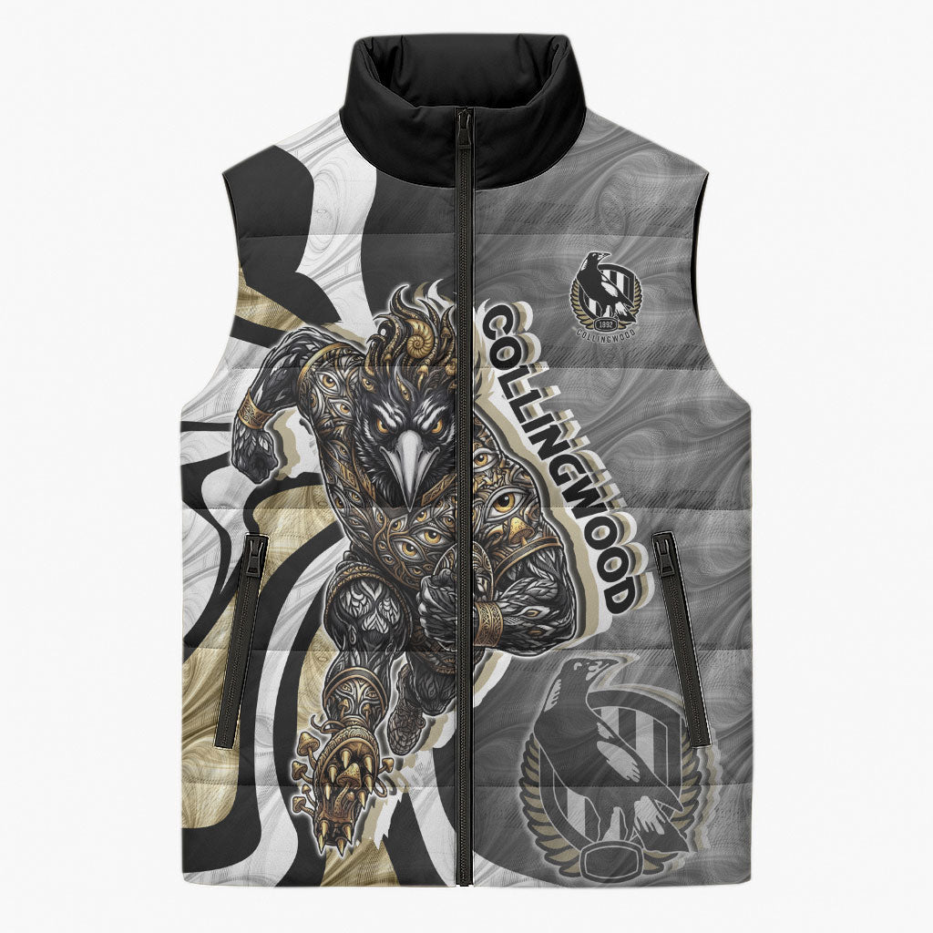 Personalised Collingwood Magpies Sleeveless Puffer Jacket Trippy Psychedelic Abstract Art Mascot Football Fans