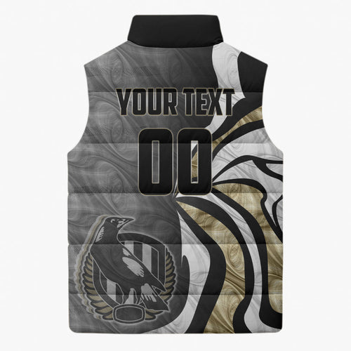 Personalised Collingwood Magpies Sleeveless Puffer Jacket Trippy Psychedelic Abstract Art Mascot Football Fans