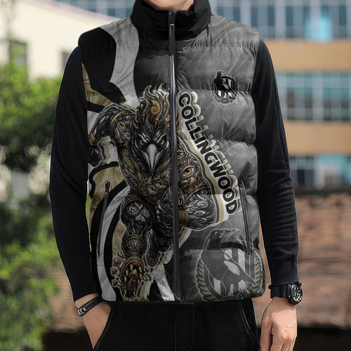 Personalised Collingwood Magpies Sleeveless Puffer Jacket Trippy Psychedelic Abstract Art Mascot Football Fans