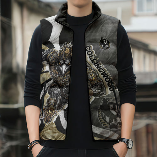 Personalised Collingwood Magpies Sleeveless Puffer Jacket Trippy Psychedelic Abstract Art Mascot Football Fans