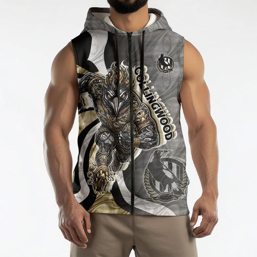 Personalised Collingwood Magpies Sleeveless Zip Hoodie Trippy Psychedelic Abstract Art Mascot Football Fans