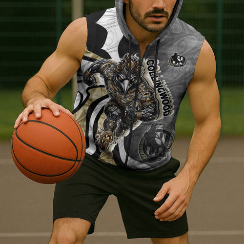Personalised Collingwood Magpies Sleeveless Zip Hoodie Trippy Psychedelic Abstract Art Mascot Football Fans