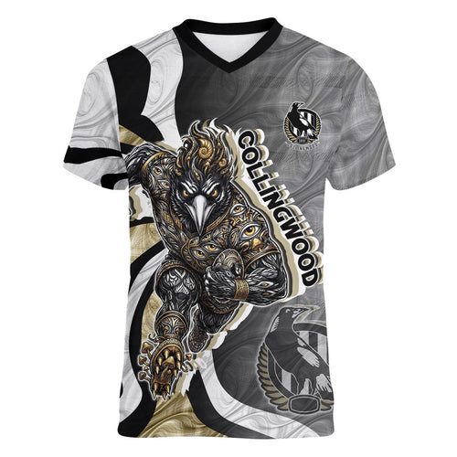 Personalised Collingwood Magpies Women V-Neck T-Shirt Trippy Psychedelic Abstract Art Mascot Football Fans