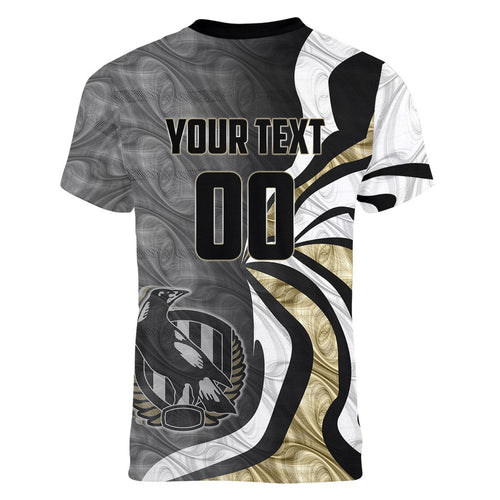 Personalised Collingwood Magpies Women V-Neck T-Shirt Trippy Psychedelic Abstract Art Mascot Football Fans