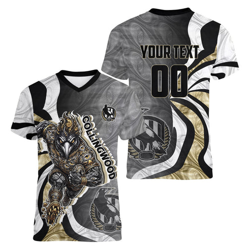 Personalised Collingwood Magpies Women V-Neck T-Shirt Trippy Psychedelic Abstract Art Mascot Football Fans